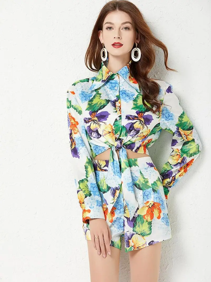 

2022 Spring Summer Runway Fashion Vacation Cotton Shorts Suit Women Long sleeve Floral Blouse and Shorts Two Pieces Set N439