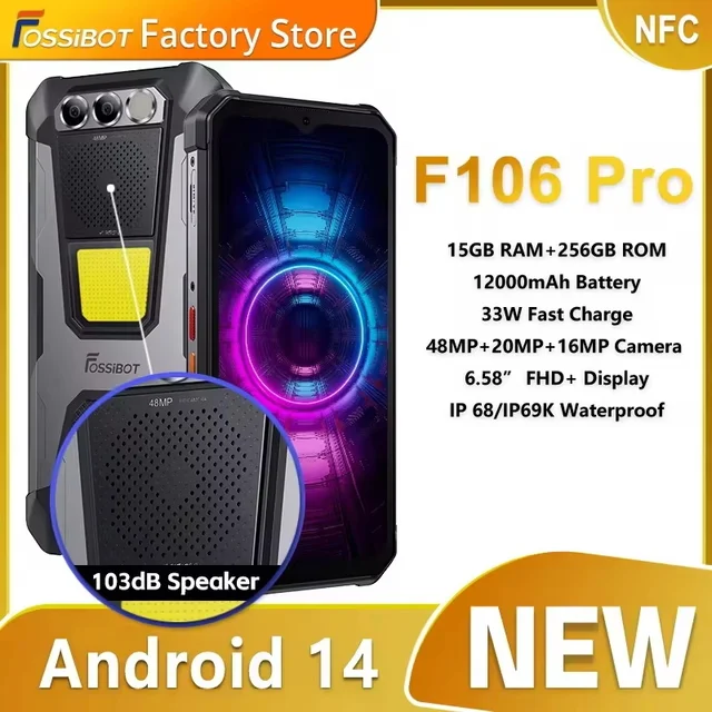 FOSSIBOT F106 PRO MTK G85 4G Android 14 15GB(8+7GB Extended) 256GB ROM Rugged Smartphone 12000mAh Battery 48MP Camera NFC