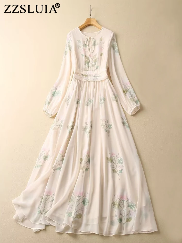 

ZZSLUIA Elegant Dresses For Women Flower Printed Shirring Designer Slim Long Dress Fashion Lantern Sleeve Bohemia Dresses Cloth