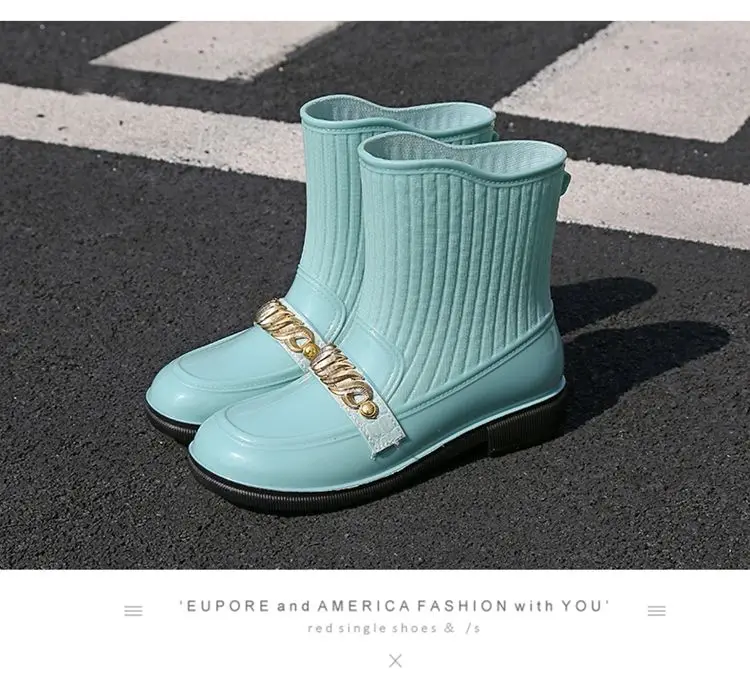 Neue Mittlere Waden Regen Stiefel frauen Original Marke Metallic Galoschen Frau Trendy Rainshoes Damen Plüsch Gefüttert Wasser Schuhe Niedrigen absätzen – Detail 20