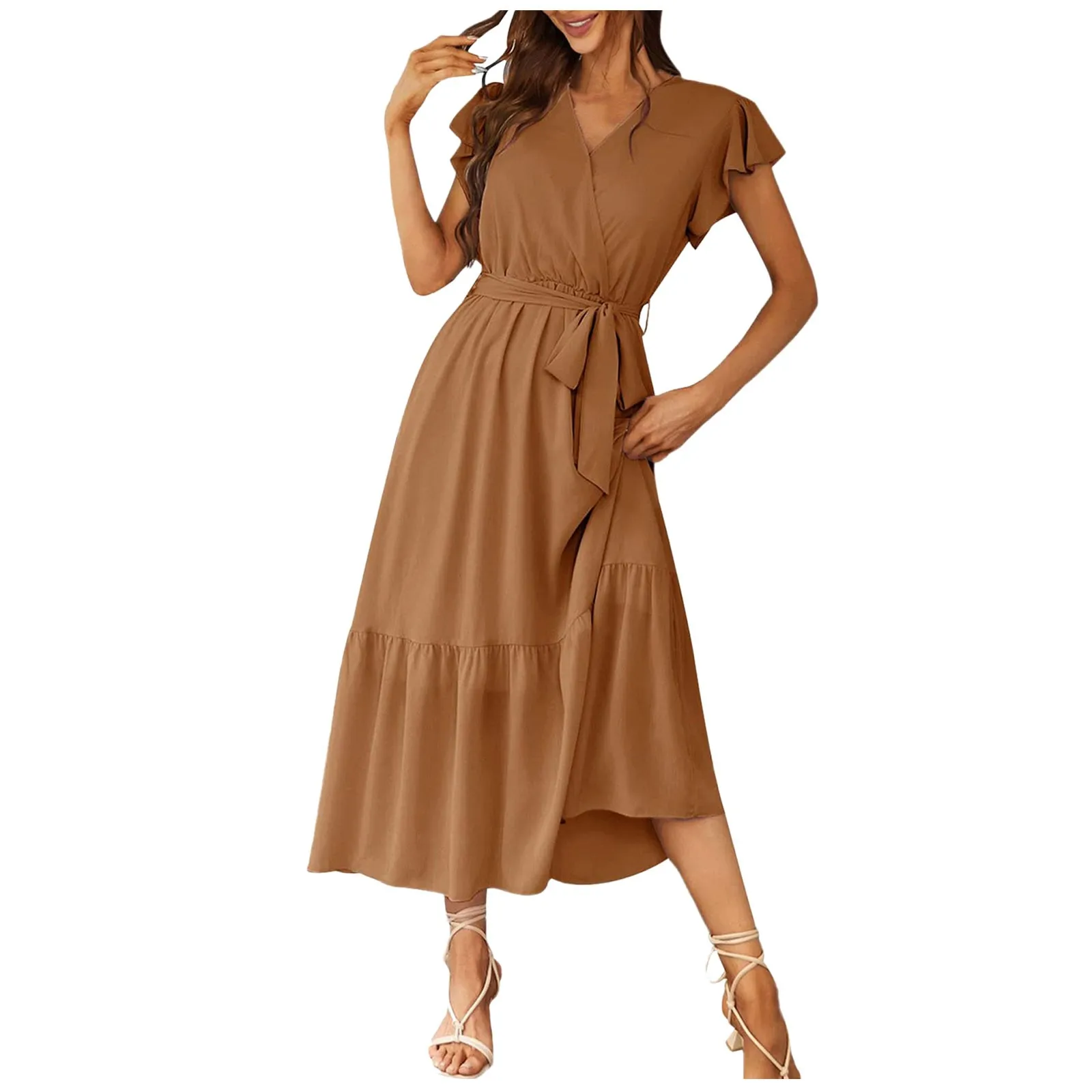 

Women's New Fashion V-Neck Ruffles Dress Short Sleeve Waist Belted A Line Casual Solid Dresses Fashion Commuter Lace-Up Dress