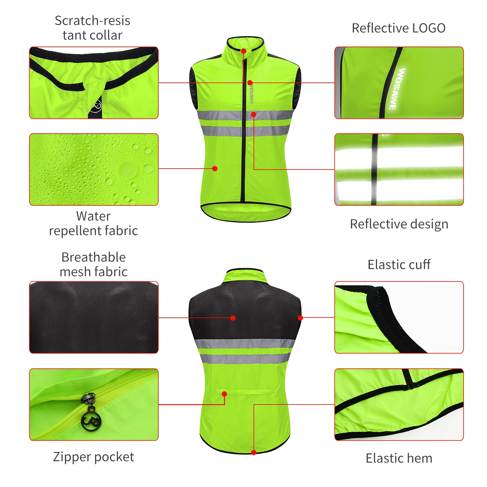 WOSAWE Men's Cycling Windbreaker Vest Lightweight Windproof Cycling Gilet Breathable Wind Coat Reflective 2