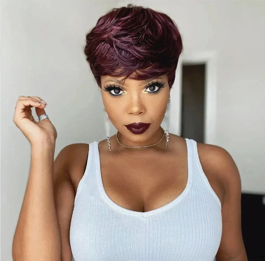 Human Hair Wigs Lolely Dream 99J Red Colored Pixie Cut Straigt Peluca Humana Baratas Full Machine