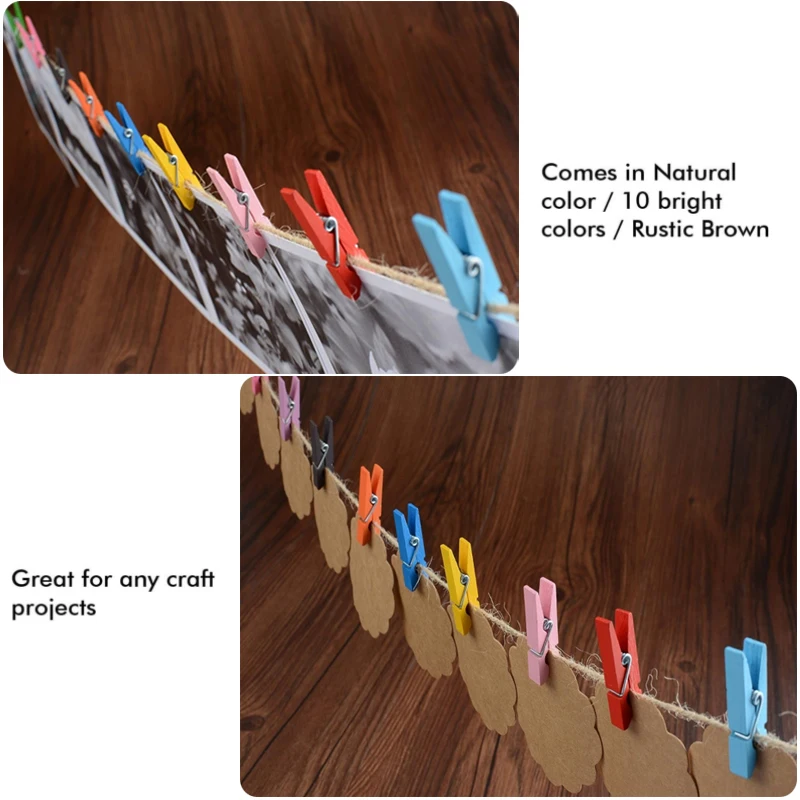Mini Wood Clothespins with Hemp Rope for Crafts and Photo Displays, Pack of 50