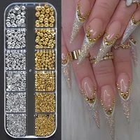 12Grid/box Gold Silver Half Round Caviar Bead Nail Charms 1/2/3/5mm Flatback Round Steel Nail Bead Micro Ball Manicure Bead 2