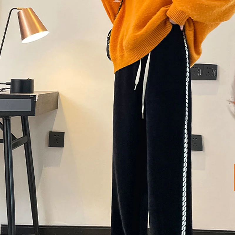 

Plush Thickened Corduroy Three-dimensional Side Stripe Decoration Autumn Winter Long Wide Leg Pants Bright Line Women Casual