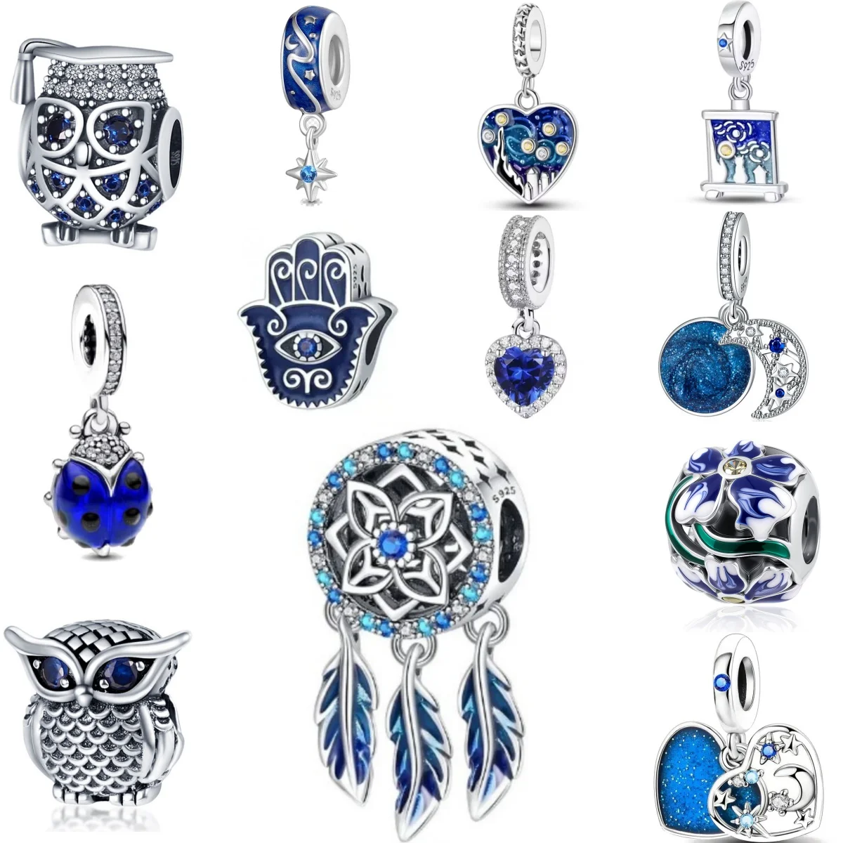  블루 컬러 올빼미 고양이 뼈 동물 참 장식 드림캐쳐 비즈 925  팔찌에 호환 가능 고급 DIY 생일 선물용 주얼리