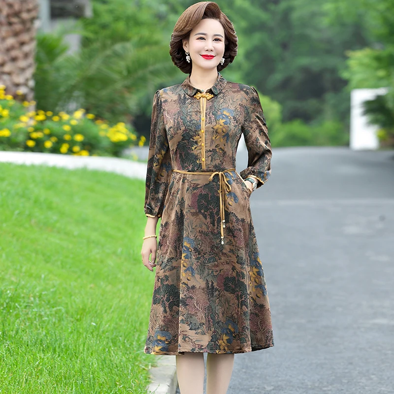 

Summer Dress 2022 Middle aged Woman Silk Floral Dress Elegant Long Vintage Dresses for Women Clothes Belt