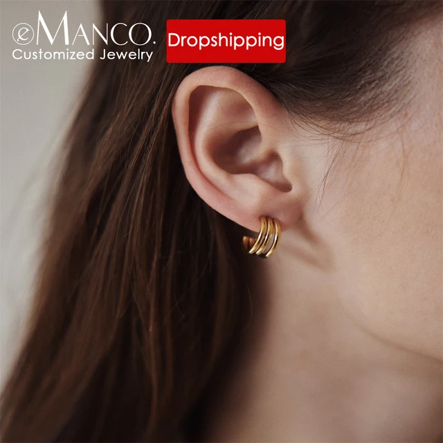 eManco Boucles d'oreilles créoles multicouches minimalistes et délicates en acier inoxydable PVD couleur or pour femme usage quotidien bureau et décontracté 1
