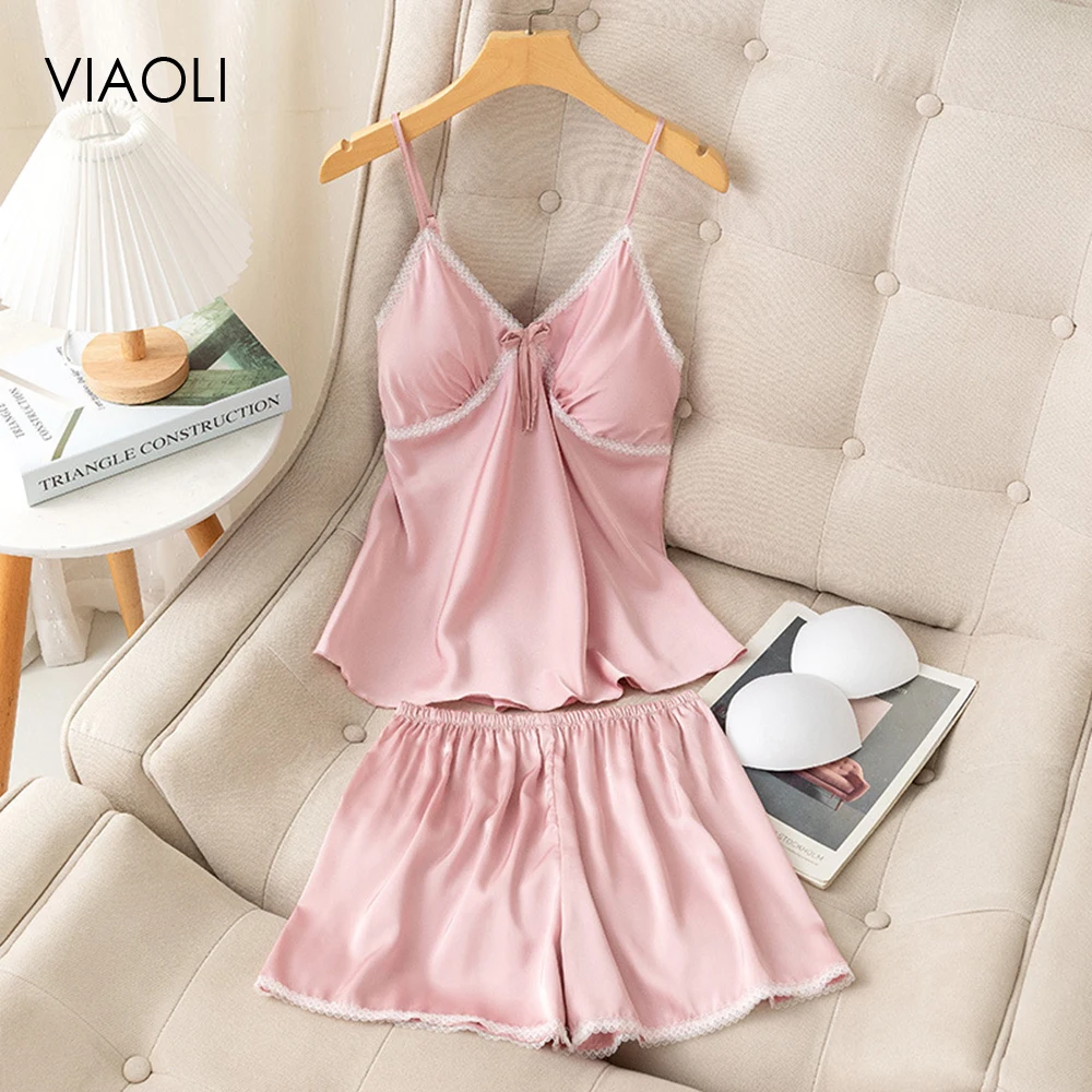 

Women Sling+Shorts Pajama Set Sleeveless Short Nightdress Sleepwear Shorts Set Nightgown Women Nighties Casual Homewear With Pad