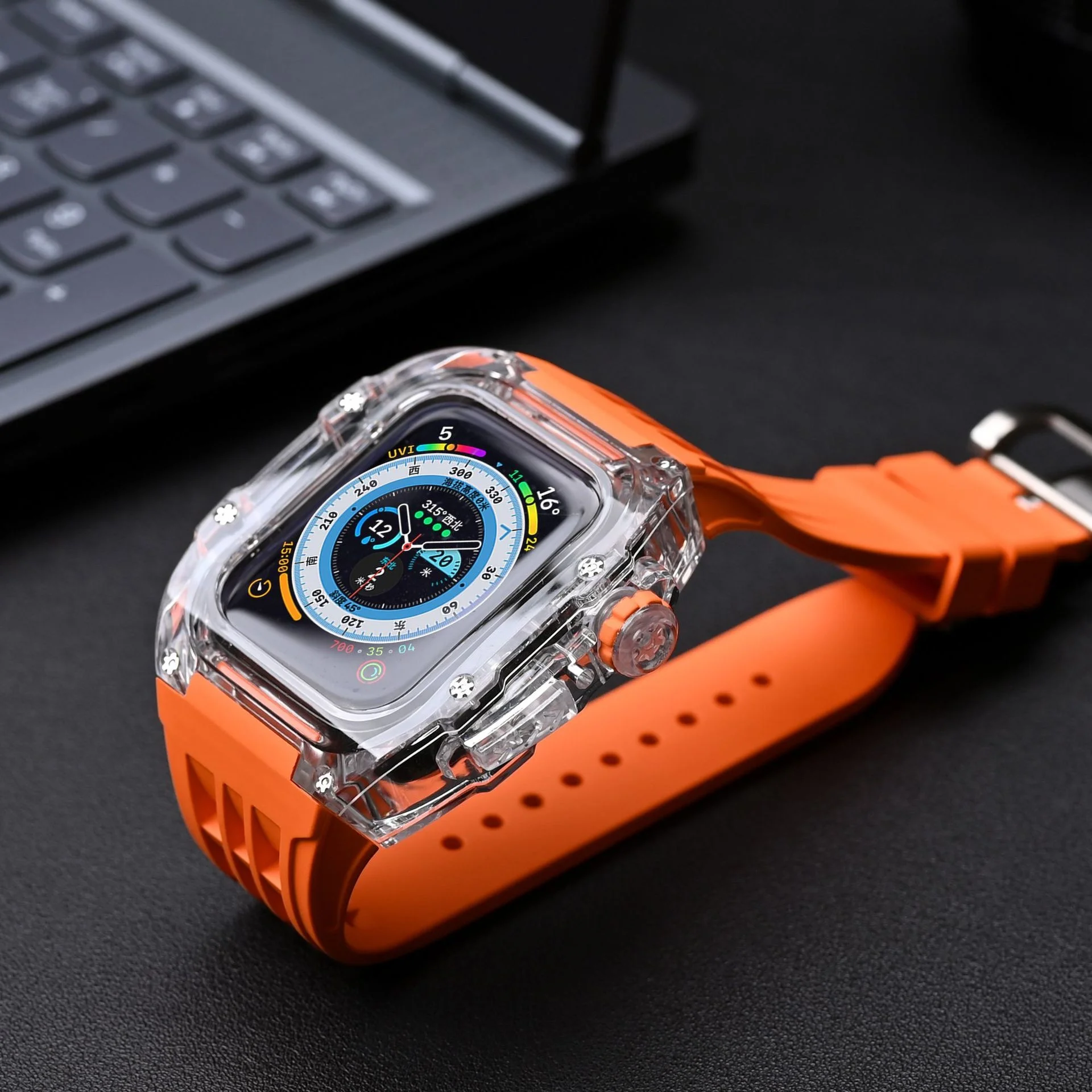 

uhgbsd Band For Smart Watch Apple Watch 7 TransparenT Modified Shell Butterfly Buckle Fluororubber Strap 44/45mm