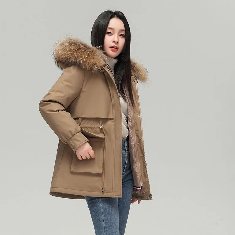 2023 New Women Down Jacket Winter Coat Female Mid Length Version Parkas Thick Warm Outwear Hooded Artificial Fur Collar Overcoat