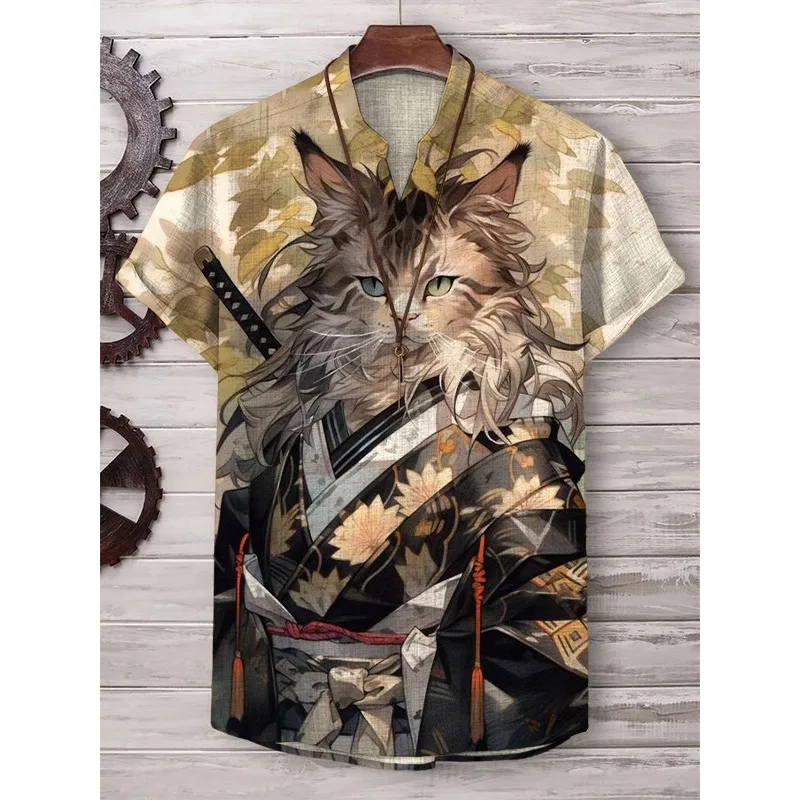 Men's Japanese Ukiyo-e Wave Bottle Cat Art Printed Casual Shirt Harajuku Summer Button Down Casual Shirts Holiday Couple Tops