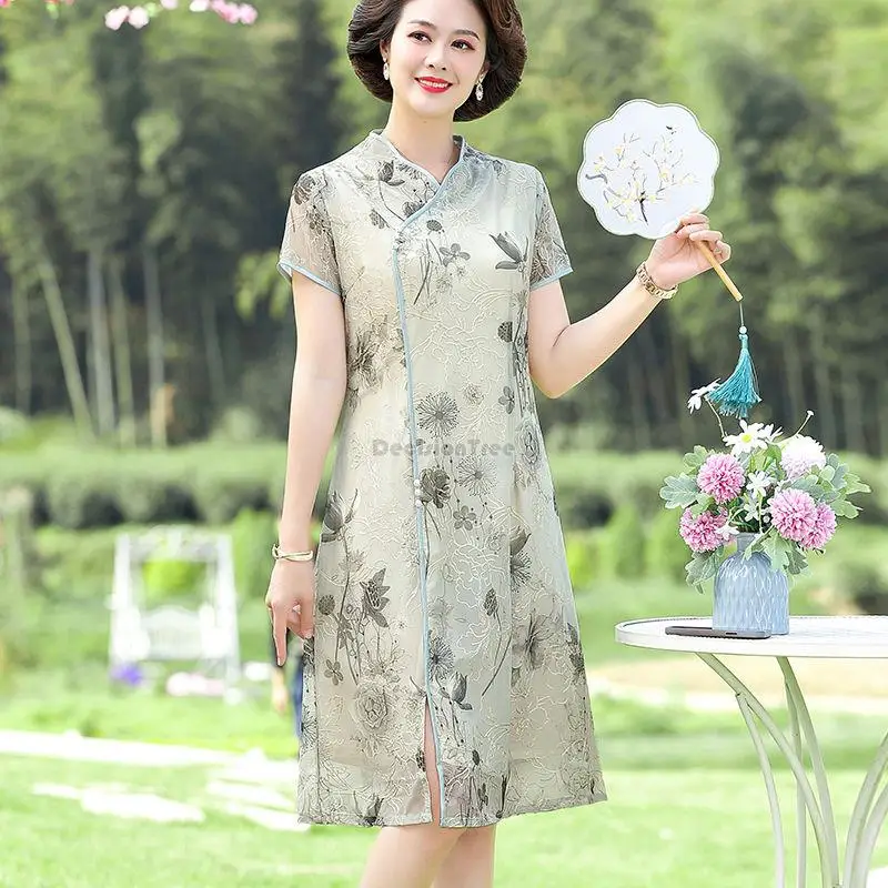 

2023 summer chinese retro flower printing cheongsam dress new improved fashion elegant women daily loose short sleeve qipao s483