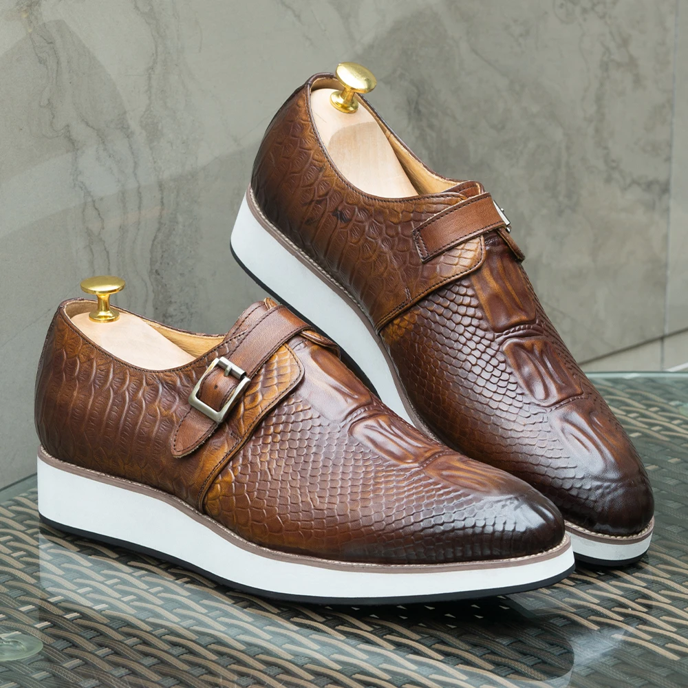 Mens Casual Shoes Genuine Leather Crocodile Pattern Classic Shoe for Men Leather Original Fashion Buckle Monk Strap Sneakers