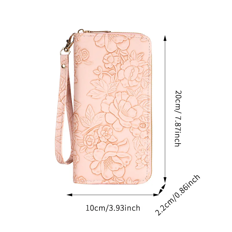 Floral Embossed Leather Women's Long Wallet – Hand-Painted Design with Phone and Card Holder
