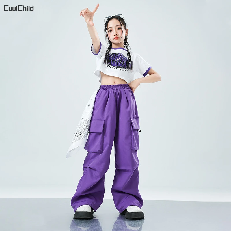 Girls Hip Hop Crop Top Loose Cargo Pants Kids Purple T-shirt