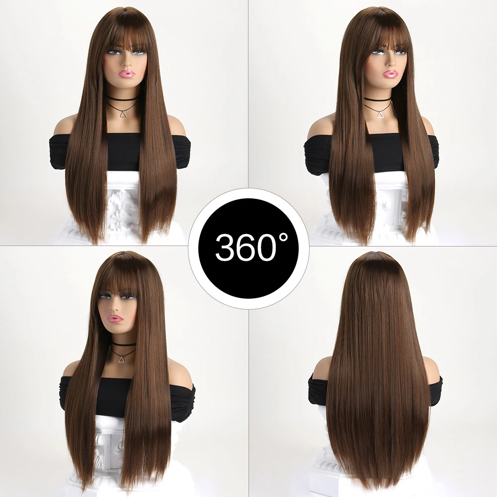 26 Inch Long Synthetic Straight Wig Mid Bangs Women Ombre Heat Resistant Wigs Daily Use Cosplay Halloween Costume Party 3