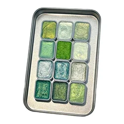 Pearlescent Watercolor Paint Set with Gold Powder - 12 Vibrant Colors for Artists and Beginners (Green)