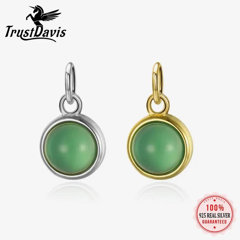 TrustDavis 925 Sterling Silver Fashion Round Green Chalcedony Charm Pendant DIY Accessories Jewelry HY321