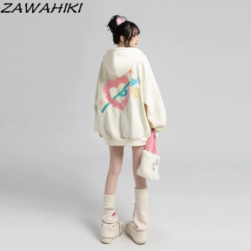 

ZAWAHIKI Korean Oversize Zipper Loose Cardigan Hoodies Sweatshirt Women Sweet Cool All Match Letter Cartoon Print Preppy Top