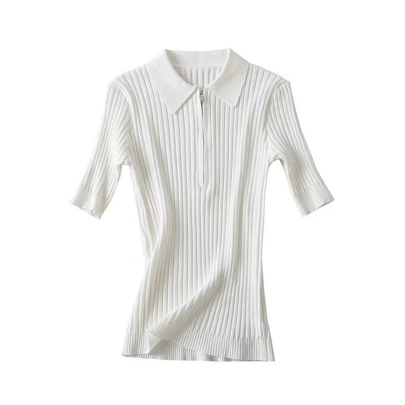 

2023 Summer New Lapel Short-sleeved White Knitted Sweater Zipper Polo Shirt Slim Simple All-match Top Women's