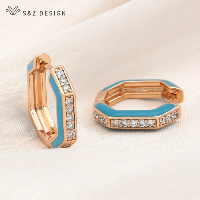 S&Z DESIGN New Fashion Vintage Green Enamel Drop Earrings For Women Wedding Champagne Gold Color Cubic Zirconia Eardrop Jewelry