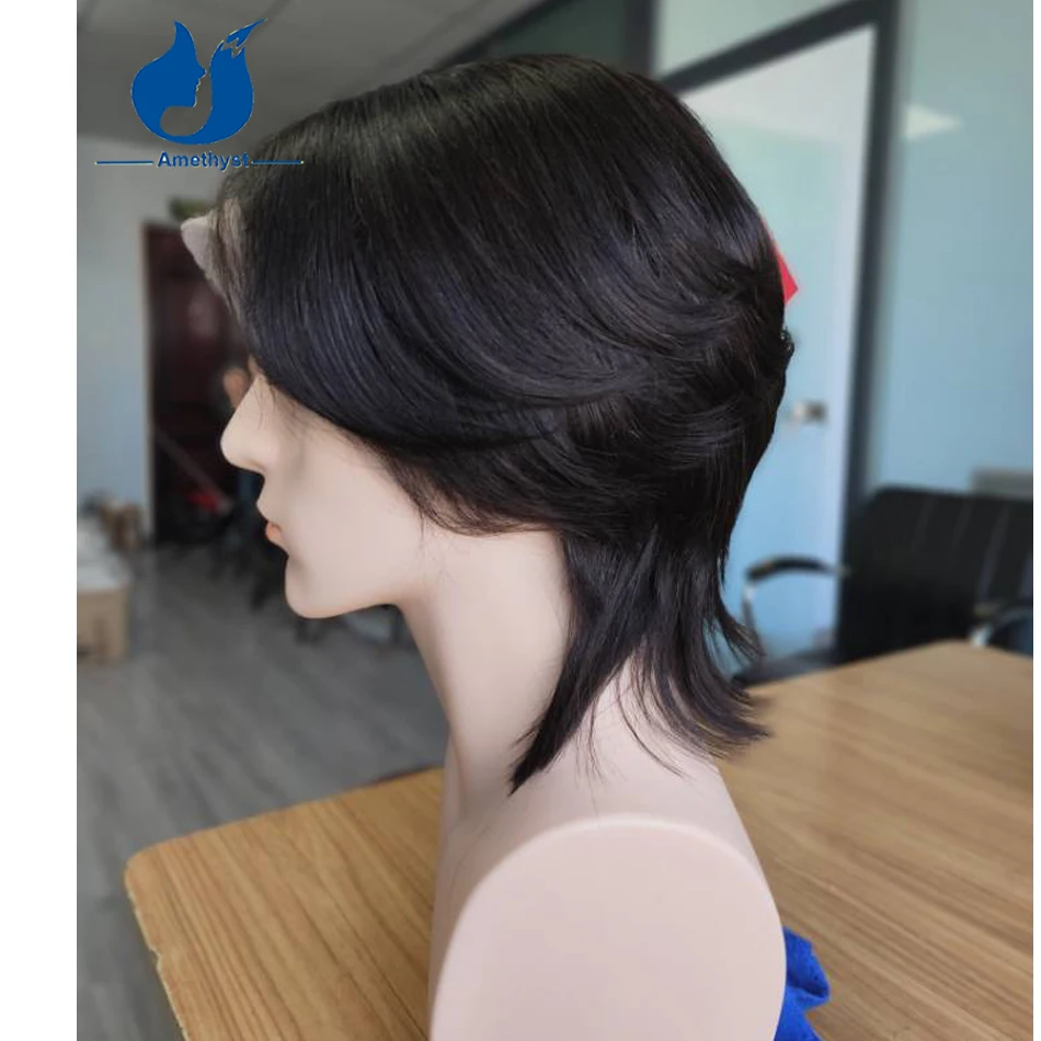 Amethyst Pre Styled Men's Mullet Wig Wolf Cut Natural Wave Layers Middle Part Remy Human Hair Short Cut Pre Plucked for Boys