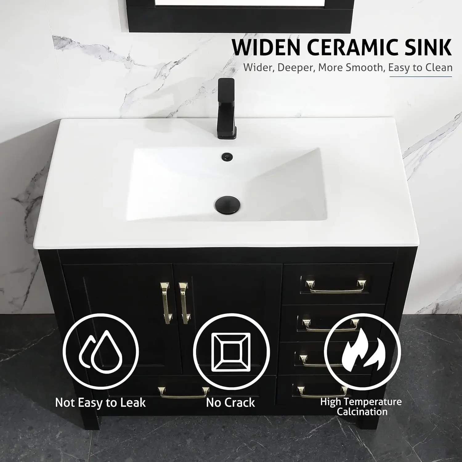 36" Bathroom Vanities Cabinet with Sink Combo Set Undermount Ceramic Sink w/Thickened Wood Painted Surface Black 5