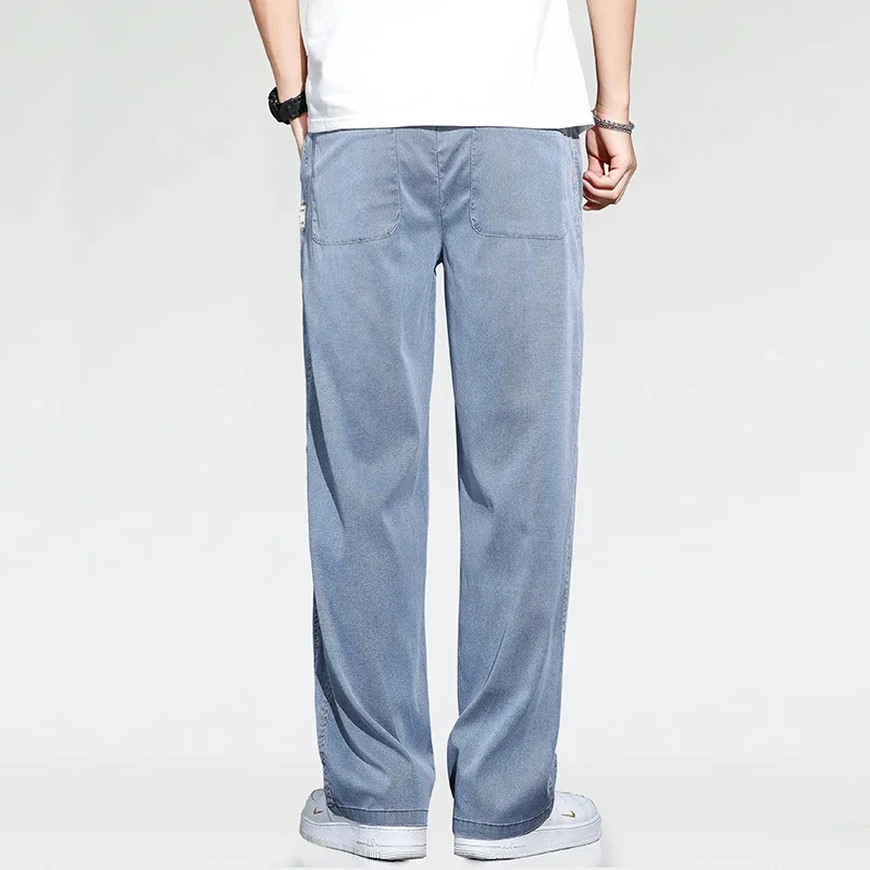 Summer Thin Loose Wide-leg Jeans Soft Elastic Fashion Casual Straight Drawstring Denim Trousers Black Blue Gray