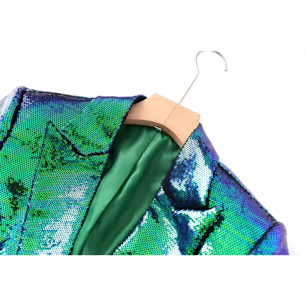 Eye-catching Occasion Wearing Women Clothing Shining Bling Gradient Color Dark Green Sequins 2PCS Blazers Shorts Sets 2