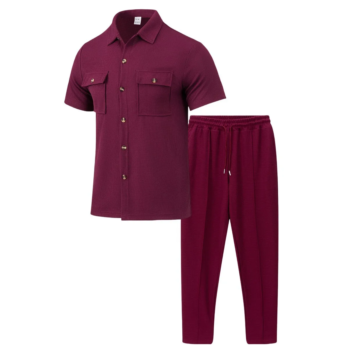 Men’s solid color waffle check short sleeve shirt and trousers two-piece set displayed on model in outdoor travel setting red2