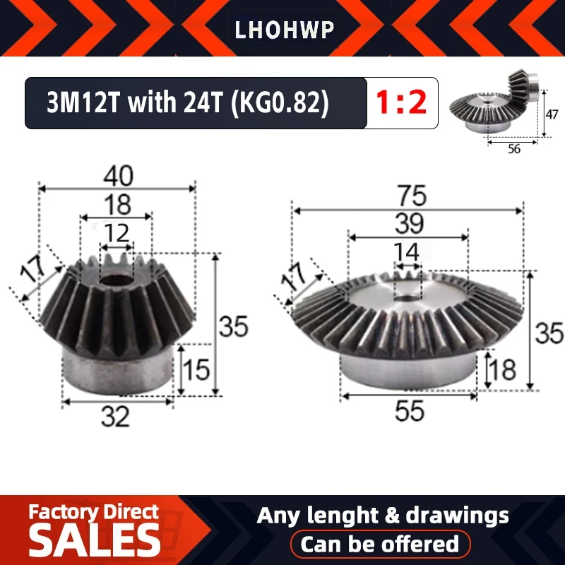 Engrenagens de Aço Chanfrado Parafuso m5 Modelo 12 Dentes 24 Dentes Buraco 12 Mm14 mm 90 Graus Drive Comutação 1: 22 Pcs