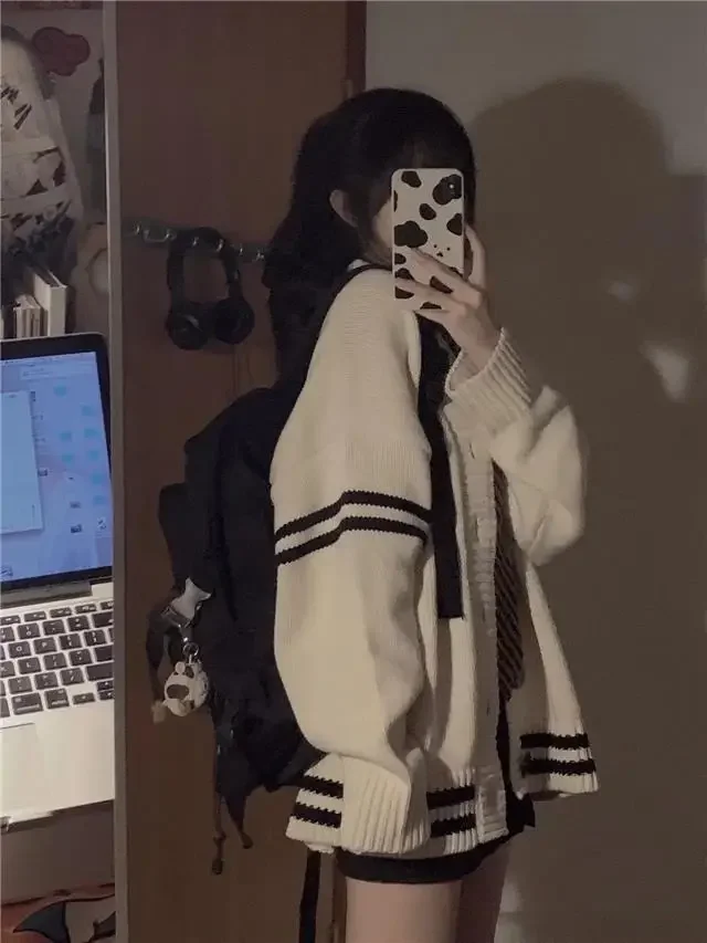 Striped Loose Cardigan Women Y2K Vintage Autumn Winter Single Breasted Sweater Streetwear Casual Korean Female Knitted Coat