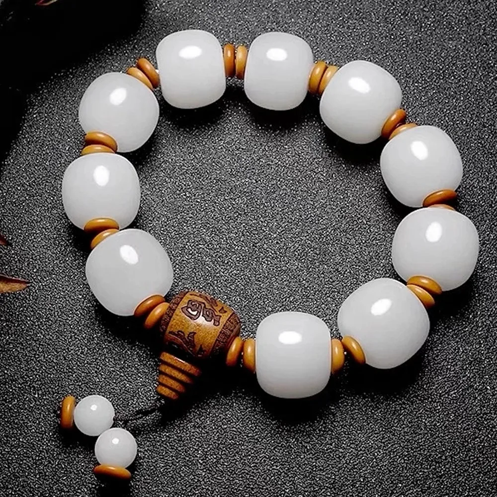 Natural Hetian Real Golden Silk Jade White Bangle Handcarved Bead Women Men Gift Bracelet Carving Jewelry Chain Accessories