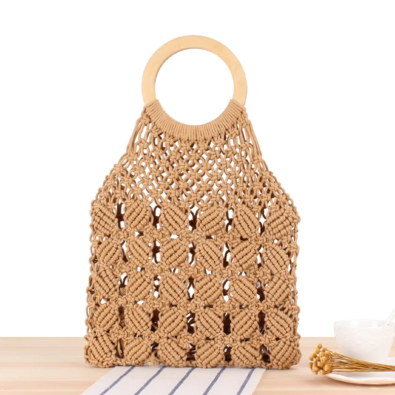 

Solid Color Hand-woven Bag Tide Female Ins Style Handmade Straw Bag Cotton Rope Beach Casual Bag Girl Travel Photo Props Bag