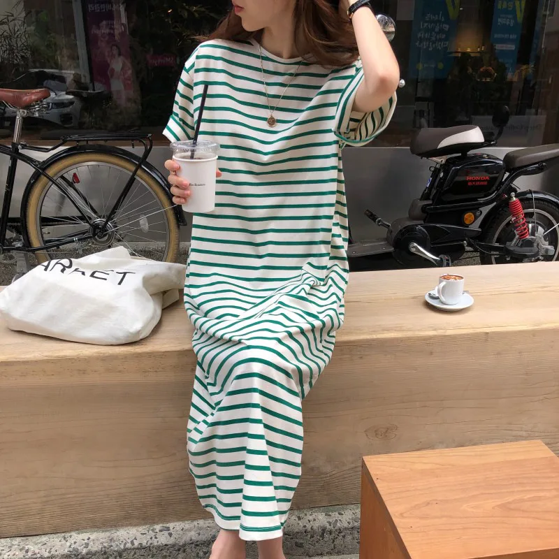 

Johnature Striped Short Sleeve Dress 2024 Women New Cotton Thin Simple O-neck Pullover Loose Comfortable Dresses Summer
