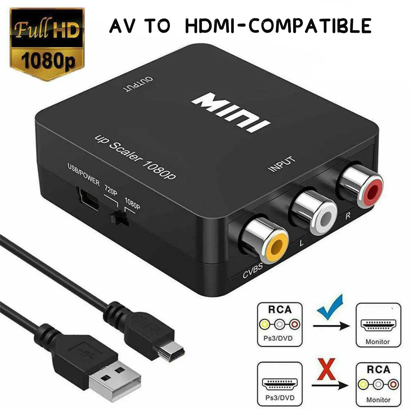 High-Definition 1080P RCA to HDMI Converter with USB Power Cable