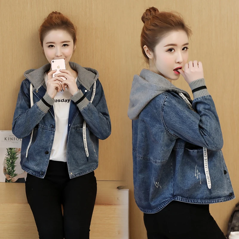 

2023 Spring Autumn Women Jeans Jacket Loose Outerwear Fashion Casual Stitching Hooded Denim Jacket Cute Female Short Denim Tops