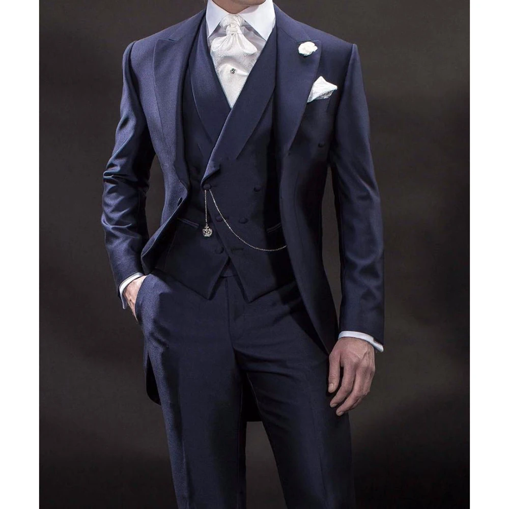 

Tuxedo Men Suits Single Breasted Peaked Lapel Long Coat Custom Three Pcs Wedding Groom Elegant Formal Occasion Jacket Pants