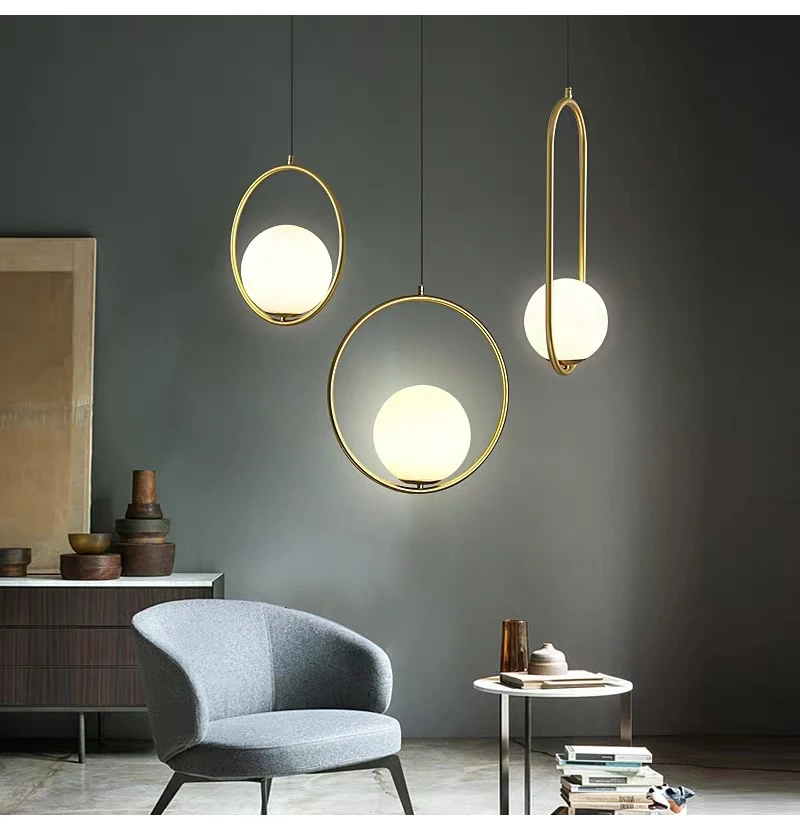 Modern LED Round Glass Ball Pendant Light Dining Room Iron Pendant Lamp Ceiling Hanging Light for Living Chandelier Bedroom Lamp