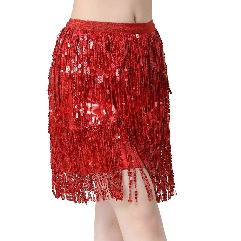 

Elegant Latin Belly Dance Sequins Tassel Skirts For Women Mid-rise Solid Slimming India Dancewear Stage Performance Outfits