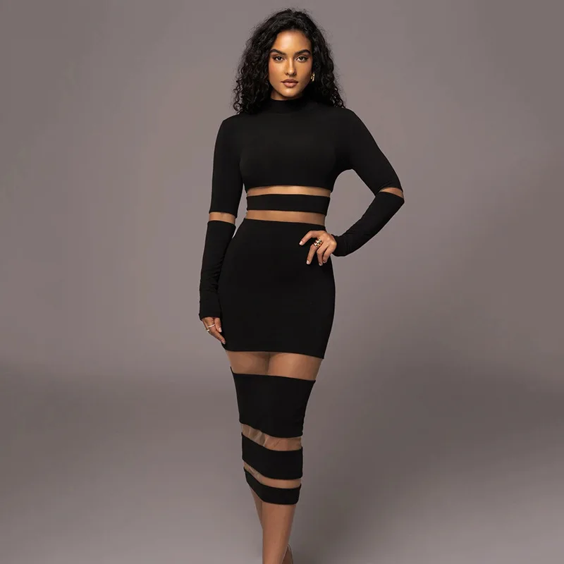 

Patchwork Bodycon Sexy Midi Dress For Women 2024 Autumn Winter New Turtleneck Long Sleeve Club Party Sexy Dress Elegant