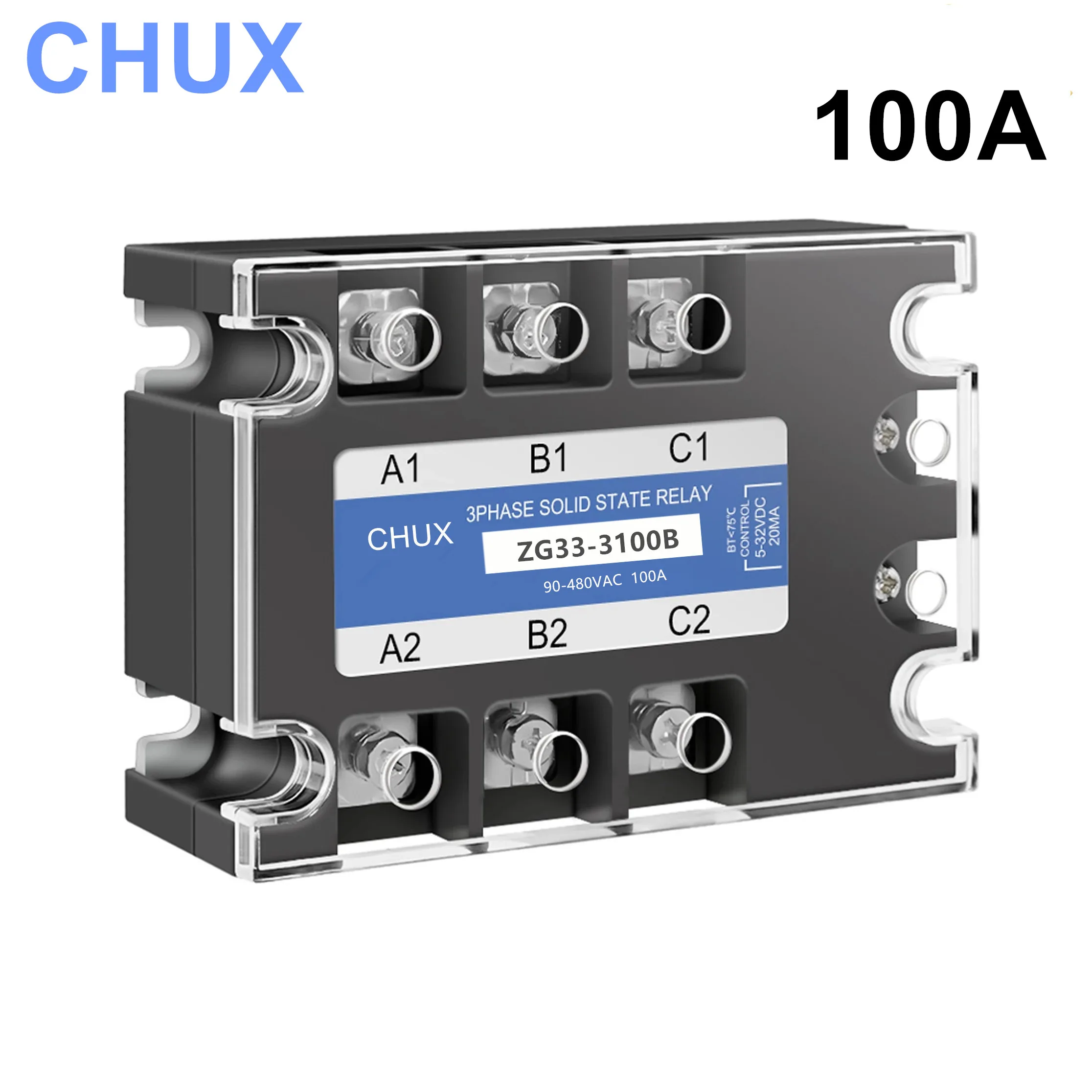 

CHUX Solid State Relay 100A Three Phases 90-480VAC Voltage SSR 3-32V DC Control AC (ZG33-3100B) Free Shipping