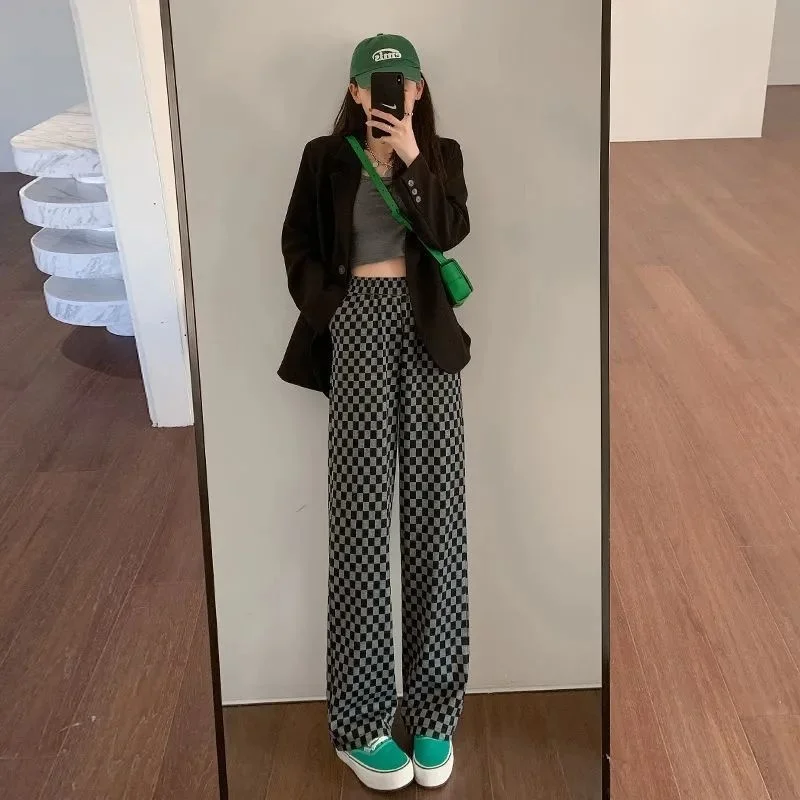 khaki pants Checkerboard Flares Leggings Pants Plaid Pants Wide Leg High Waist Women Summer Autumn Thickened Loose Korea Fashion Boot Pants track pants