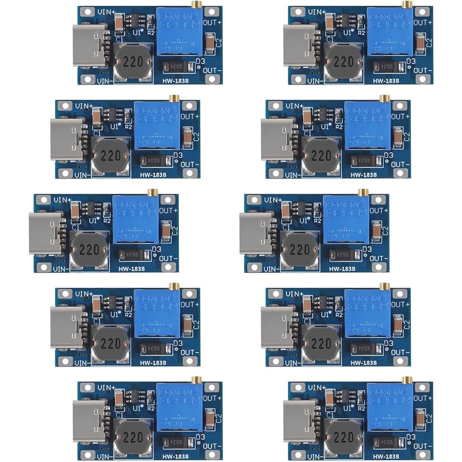 MT3608 Adjustable Voltage Regulator Pack - 10pcs Boost Converter Modules with Micro USB Type-C Connection