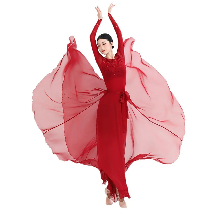 

Red hot diamond long sleeved large swing national standard dance performance costume ballroom dress