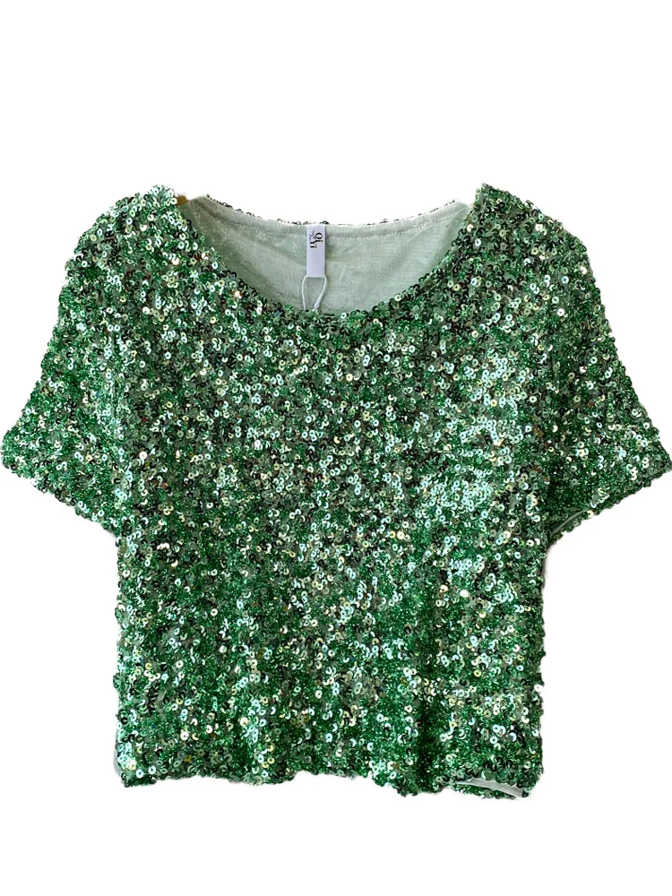 Faionable ort Sexy Slim Fit Women's T-irt Glitter Heavy Embelliment Summer New Design Korean Sle round Ne Top