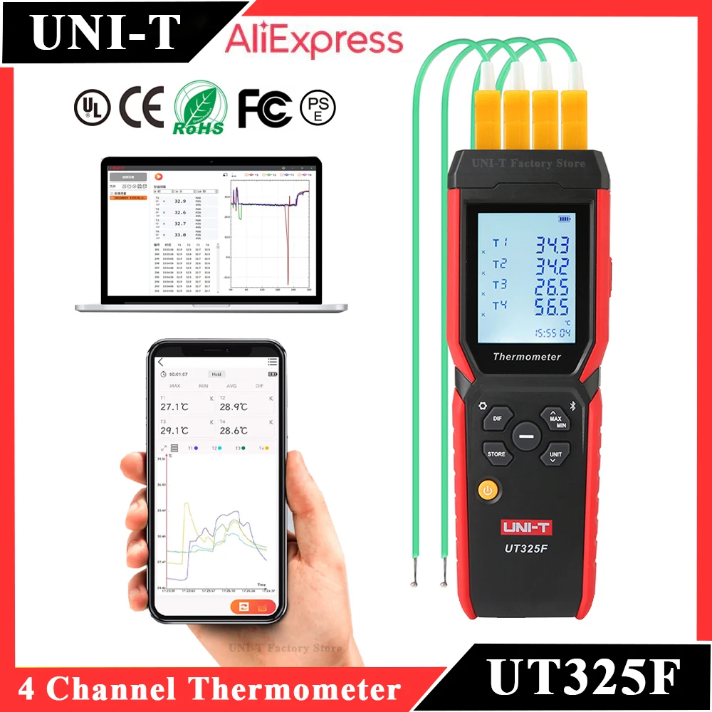 

UNI-T UT325F 4 Channels Thermometer for K J T E R S N Type Thermocouples Digital Temperature with Data Storage Analysis Software