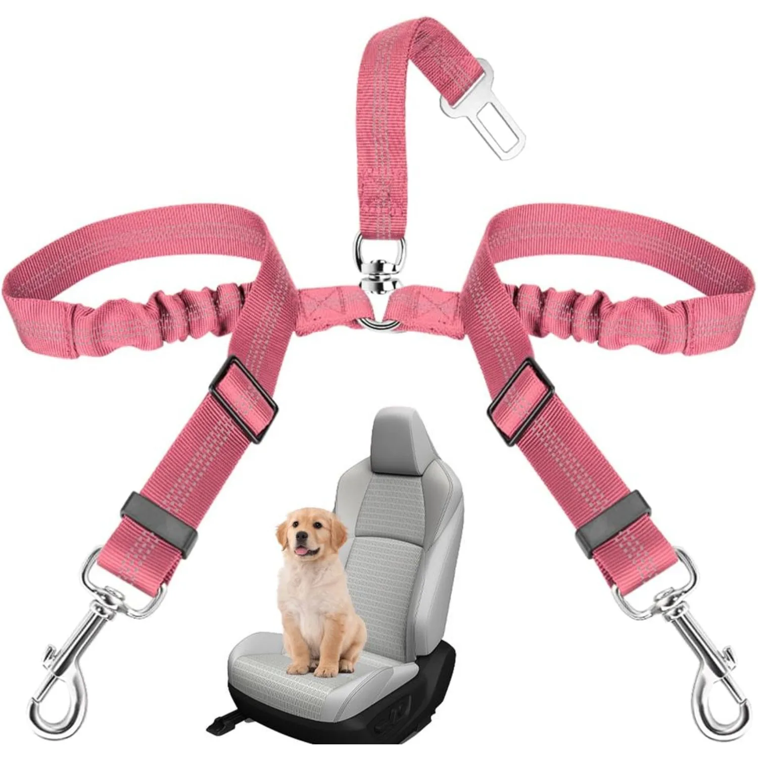Double Dog Safety Seat Belt Adjustable Elastic Car Safety Leash Shock Reflective Dog Vehicle Restraint Drive Pet Belt